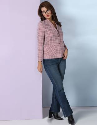 Checked notched lapel single-breasted woolen blazer 3