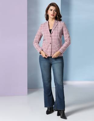 Checked notched lapel single-breasted woolen blazer 4