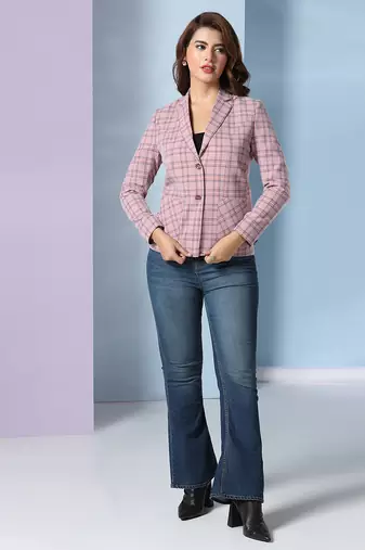 Checked notched lapel single-breasted woolen blazer