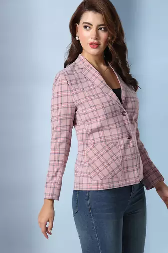 Checked notched lapel single-breasted woolen blazer