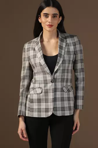 Women brown checks beige blazer