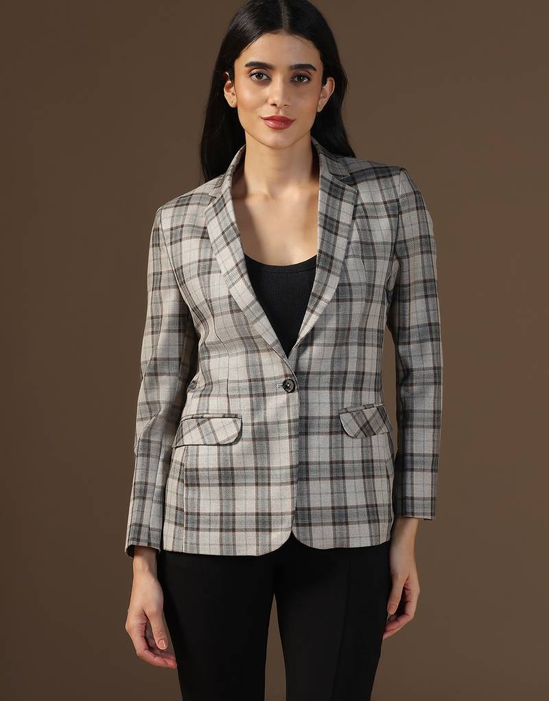 Women brown checks beige blazer