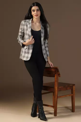 Women brown checks beige blazer