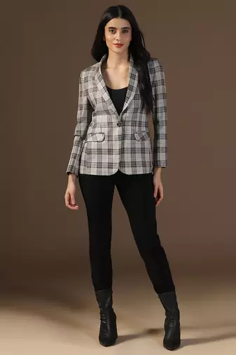 Women brown checks beige blazer