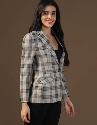 Women brown checks beige blazer 5