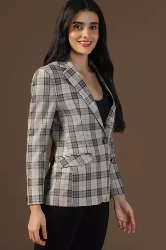 Women brown checks beige blazer