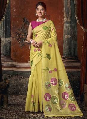 Yellow khadi cotton with natural texture jhallar festive wear saree 1