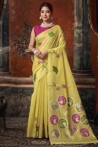 Yellow khadi cotton with natural texture jhallar festive wear saree