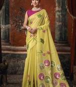 Yellow khadi cotton with natural texture jhallar festive wear saree