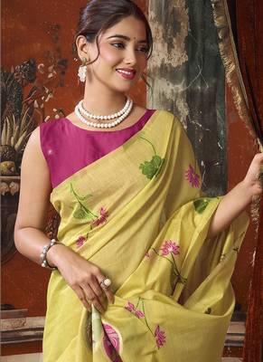 Yellow khadi cotton with natural texture jhallar festive wear saree 2