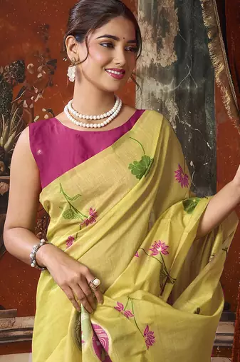 Yellow khadi cotton with natural texture jhallar festive wear saree