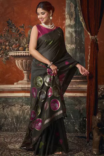 Black khadi cotton with natural texture jhallar festive wear saree
