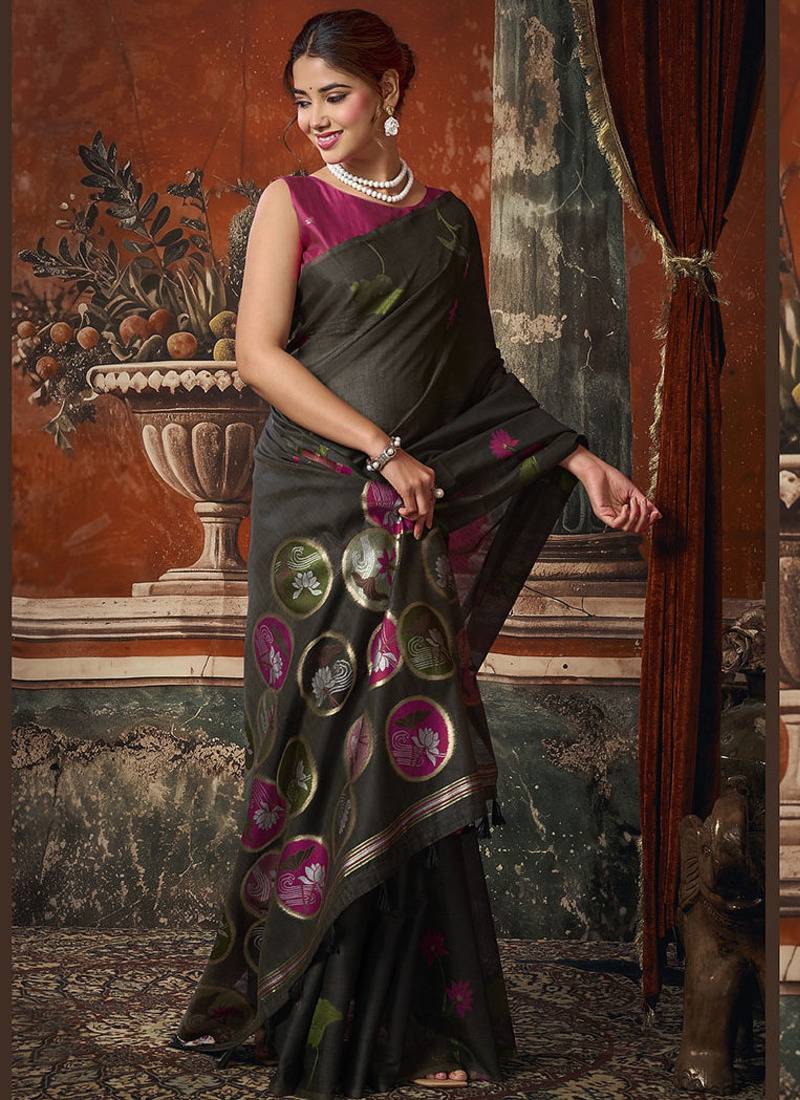 Black khadi cotton with natural texture jhallar festive wear saree