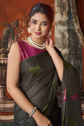 Black khadi cotton with natural texture jhallar festive wear saree