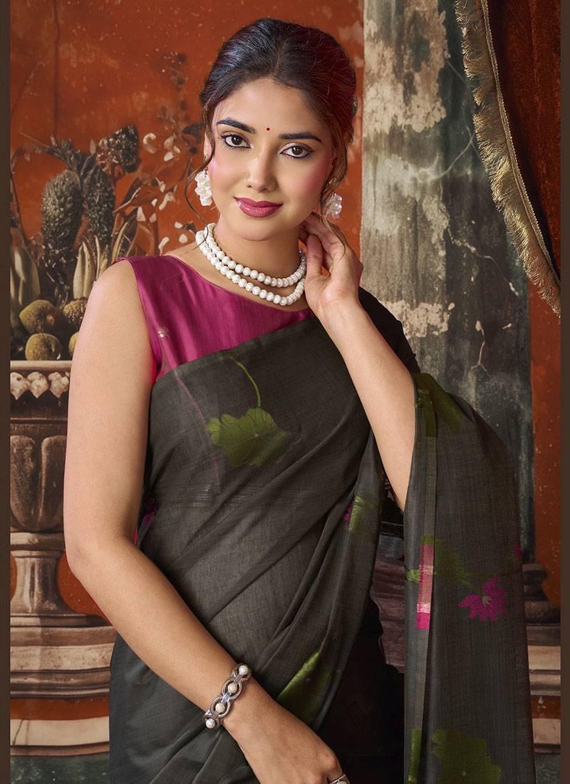 Black khadi cotton with natural texture jhallar festive wear saree