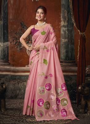 Baby pink khadi cotton with natural texture jhallar festive wear saree 1