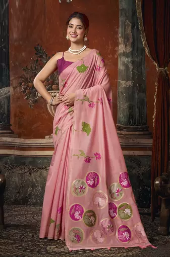 Baby pink khadi cotton with natural texture jhallar festive wear saree