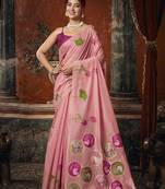 Baby pink khadi cotton with natural texture jhallar festive wear saree