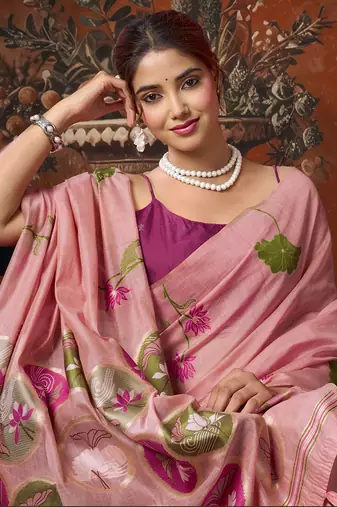 Baby pink khadi cotton with natural texture jhallar festive wear saree