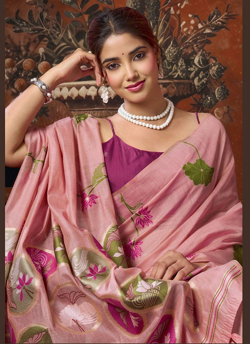 Baby pink khadi cotton with natural texture jhallar festive wear saree
