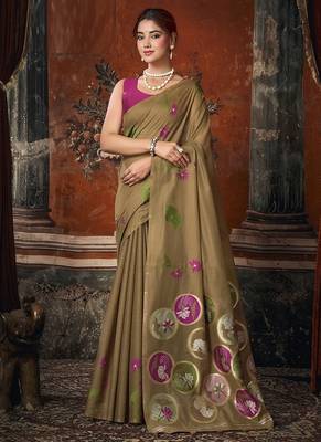 Chiku khadi cotton with natural texture jhallar festive wear saree 1