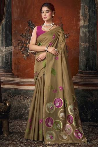 Chiku khadi cotton with natural texture jhallar festive wear saree
