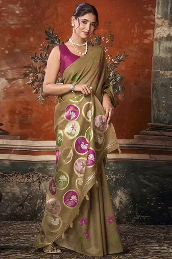 Chiku khadi cotton with natural texture jhallar festive wear saree