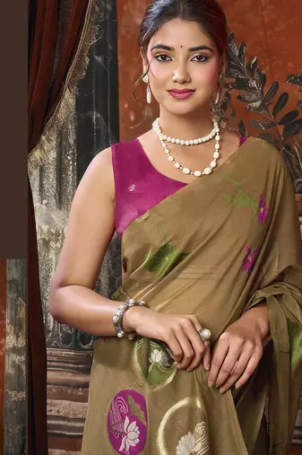 Chiku khadi cotton with natural texture jhallar festive wear saree