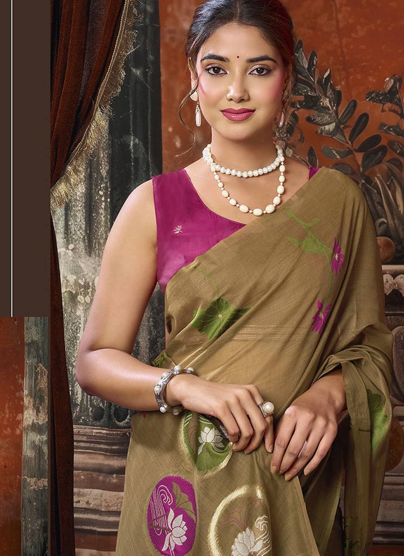 Chiku khadi cotton with natural texture jhallar festive wear saree