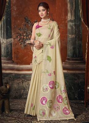Off white khadi cotton with natural texture jhallar festive wear saree 1
