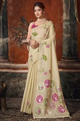 Off white khadi cotton with natural texture jhallar festive wear saree
