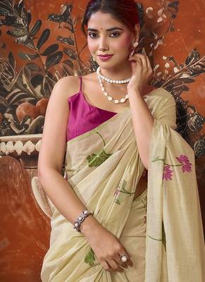 Off white khadi cotton with natural texture jhallar festive wear saree 2