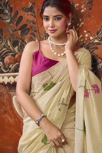 Off white khadi cotton with natural texture jhallar festive wear saree