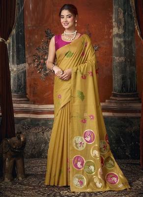 Mustard khadi cotton with natural texture jhallar festive wear saree 1