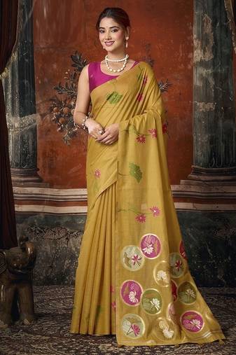 Mustard khadi cotton with natural texture jhallar festive wear saree