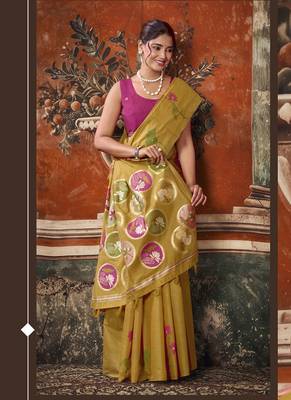 Mustard khadi cotton with natural texture jhallar festive wear saree 2
