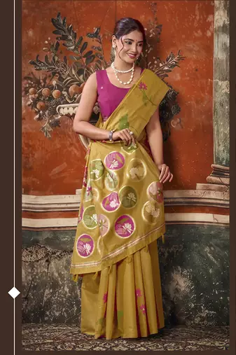 Mustard khadi cotton with natural texture jhallar festive wear saree