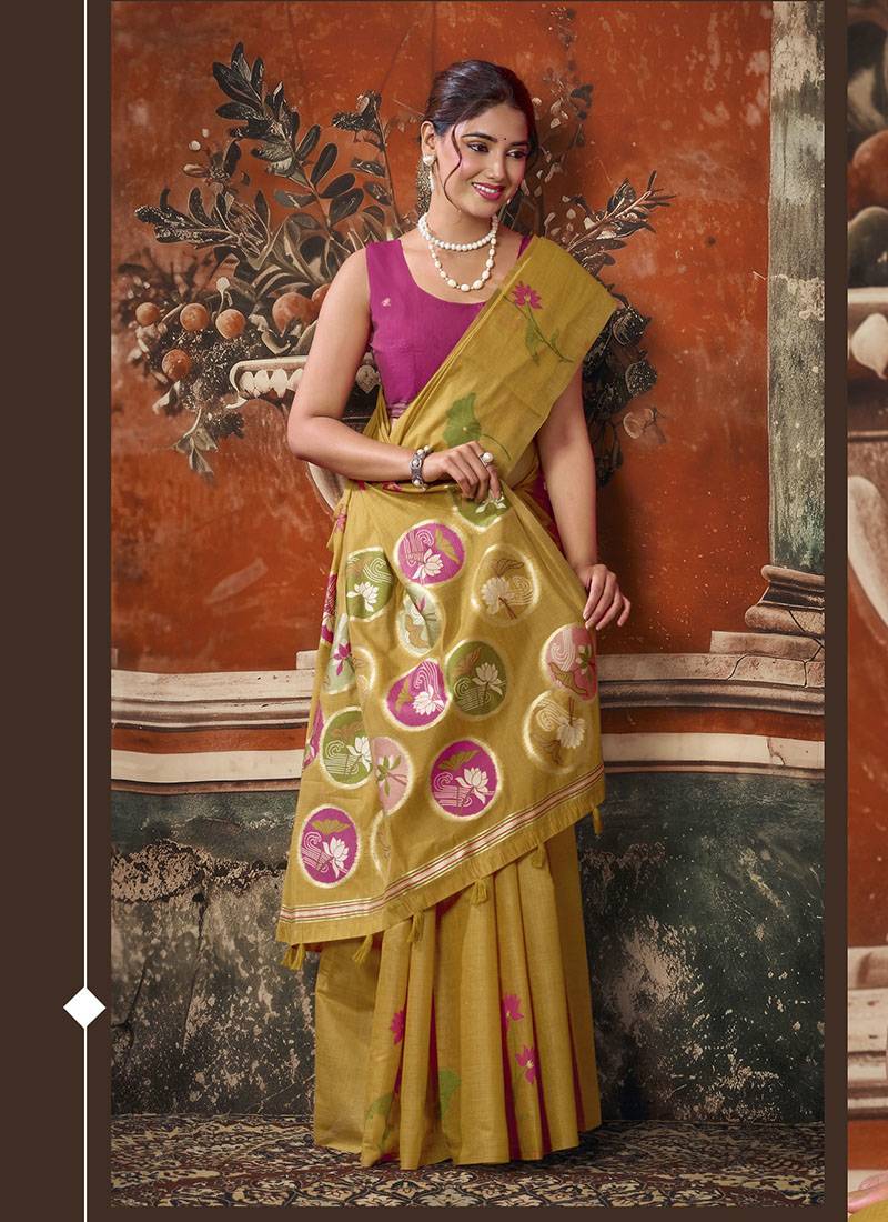 Mustard khadi cotton with natural texture jhallar festive wear saree