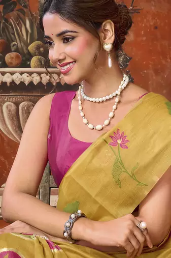Mustard khadi cotton with natural texture jhallar festive wear saree