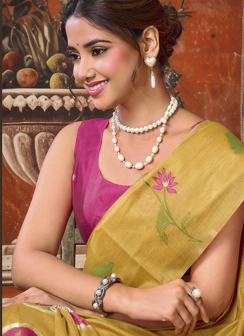 Mustard khadi cotton with natural texture jhallar festive wear saree