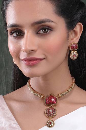 Traditional gold plated red temple necklace set for women