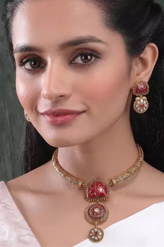 Traditional gold plated red temple necklace set for women