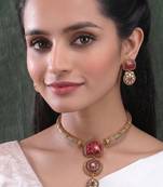 Traditional gold plated red temple necklace set for women