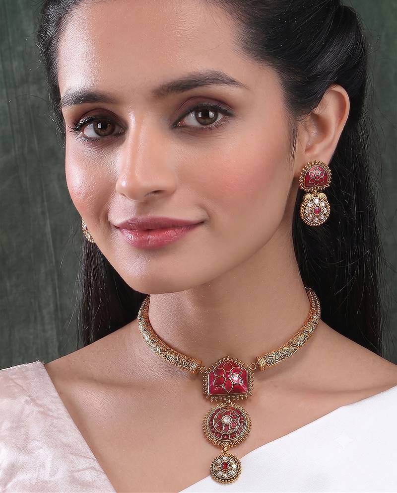 Traditional gold plated red temple necklace set for women