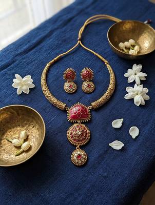 Traditional gold plated red temple necklace set for women 2