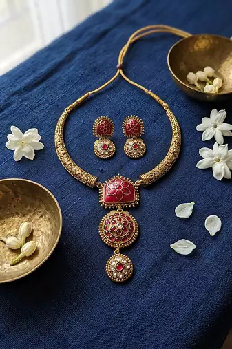 Traditional gold plated red temple necklace set for women