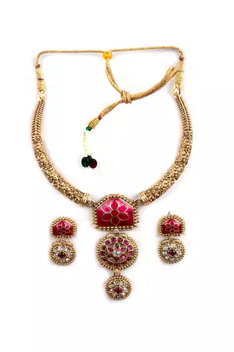 Traditional gold plated red temple necklace set for women
