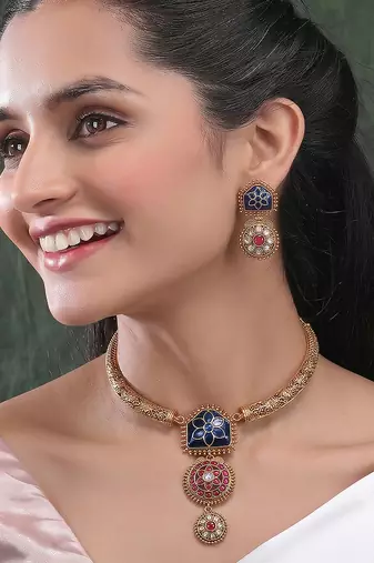 Traditional gold plated blue temple necklace set for women