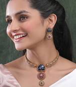 Traditional gold plated blue temple necklace set for women