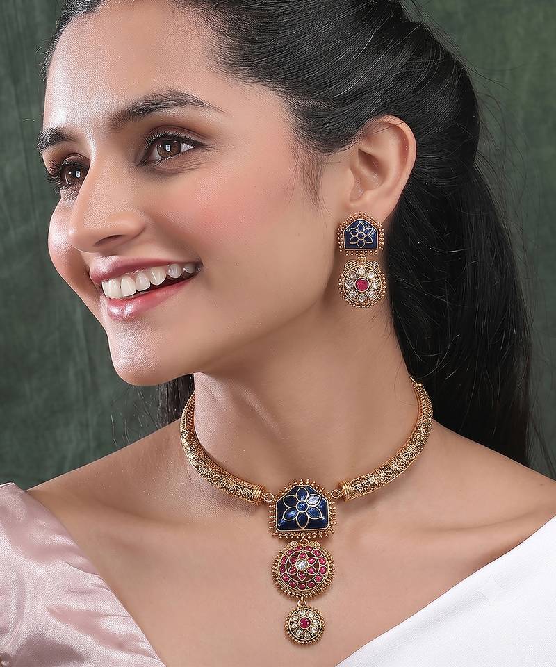 Traditional gold plated blue temple necklace set for women